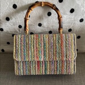 Woven Multicolor Straw Top-Handle Bag with Bamboo Handle